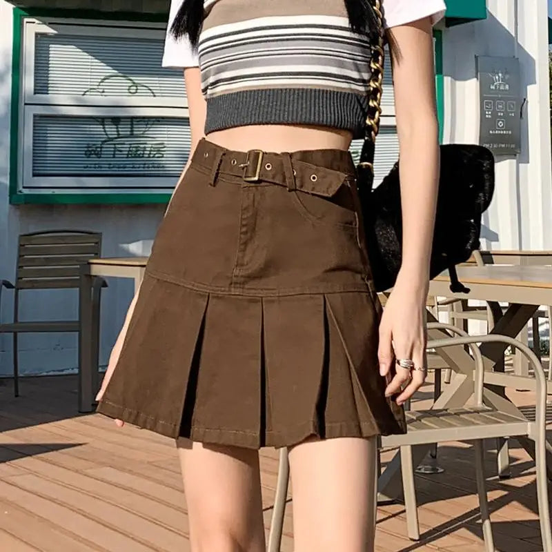 Retro American Blue Hot Girl Pleated Denim  Skirt Women's Summer New Pure Desire A-Line High Waist Short Skirt