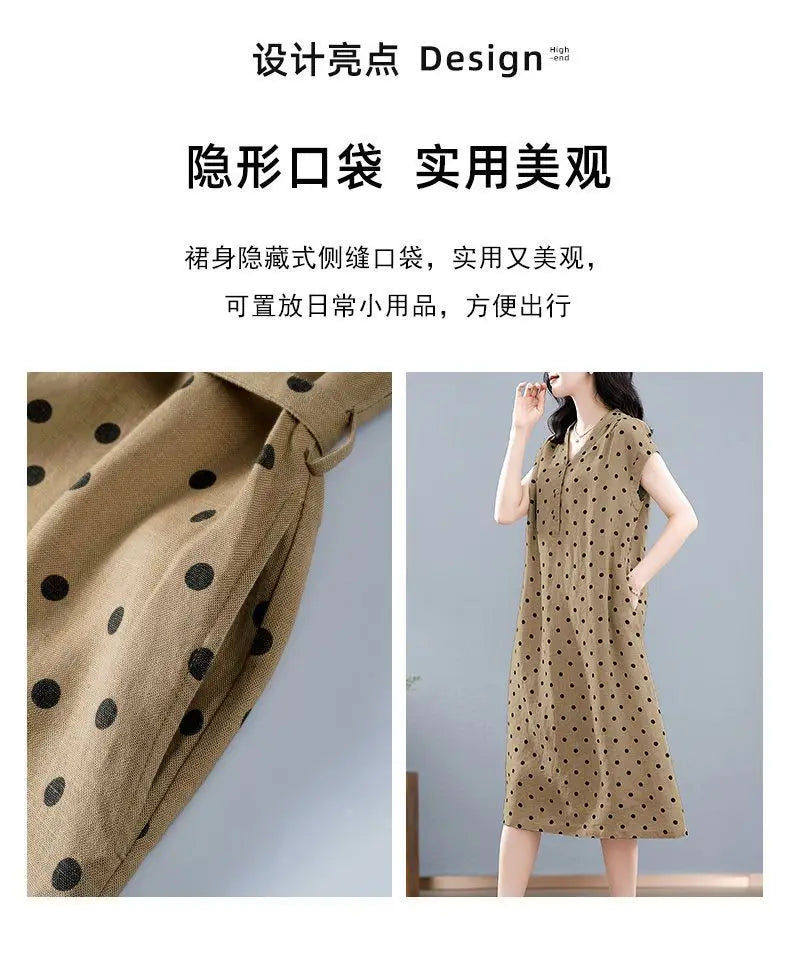Cotton and Linen Dress French Polka Dot Print Fashion Long Skirt Summer New V-neck Casual Lace-up A-line Skirt