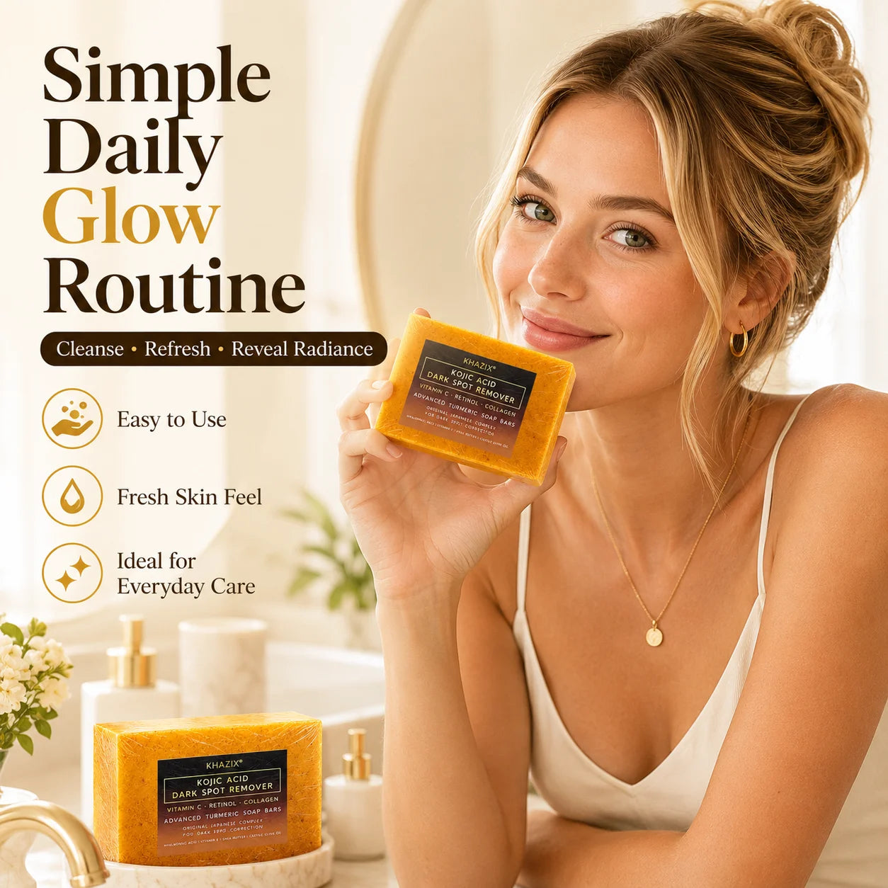 Jabón facial y corporal de cúrcuma y ácido kójico, limpieza suave con manteca de karité, retinol y vitamina E