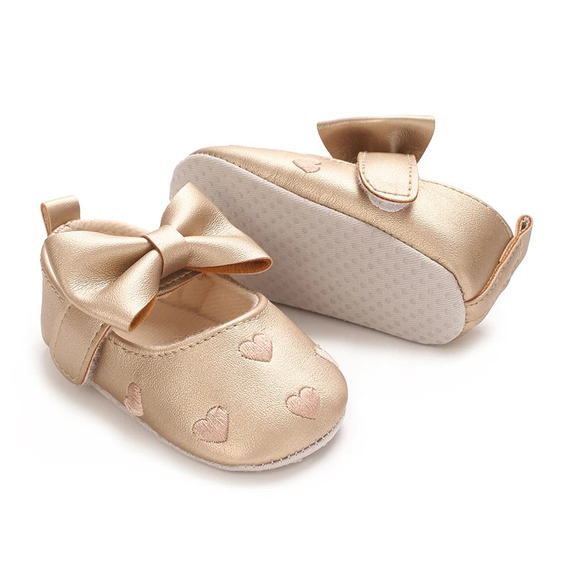 Baby Girl Classic Dress Shoes 0-18M Cute Bow Knot Heart First Walkers Soft Sole Comfortable Newborn Infant