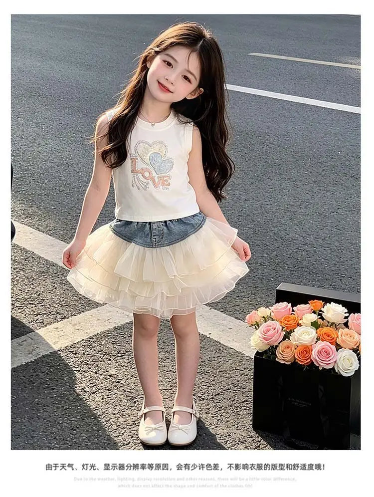 Girls' Summer Denim Short Skirt Patchwork Mesh Cake Style Children's Kids' New Fashion Skirt