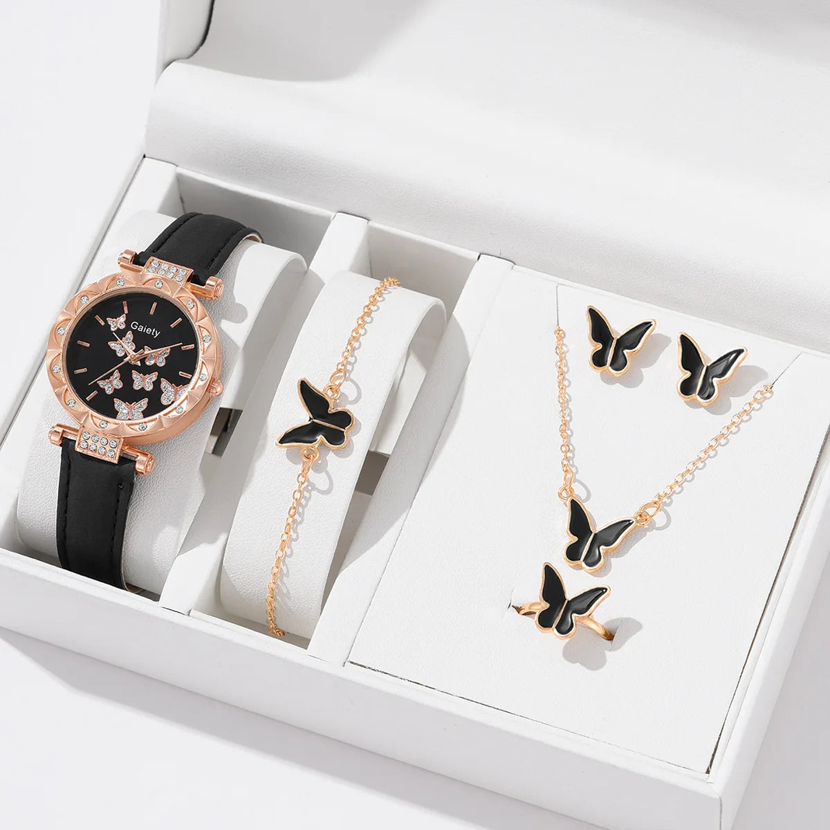 Butterfly Jewelry Set For Women Elegant Leather Watch Ring Necklace Earrings Bracelet Wedding Gift
