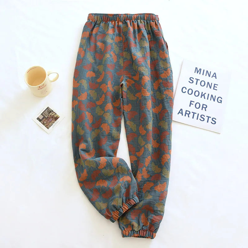 2026 New Spring Summer Women's Pajamas 100% Cotton Crepe Pants Women's Comfortable Loose Large Leaf Home Pants Thin Bottoms