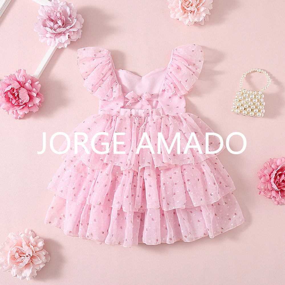 Girls Floral Embroidery Layered Princess Dress | Summer Mesh Sundress