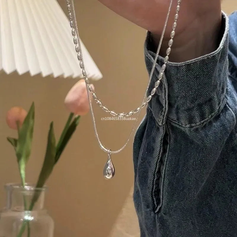 2025 Silver Design Drop Pendant Necklace For Women'S Double Collar Chain Fashion Fine Jewelry Gifts Long Layered Necklace