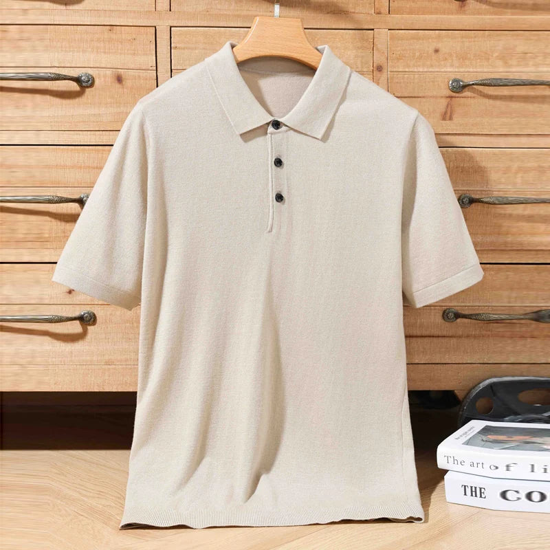 Summer 100% Merino Wool Men'S Lapel Pullover Short Sleeve Polo Neck Sweater Loose Top Business Casual Knit T-Shirt