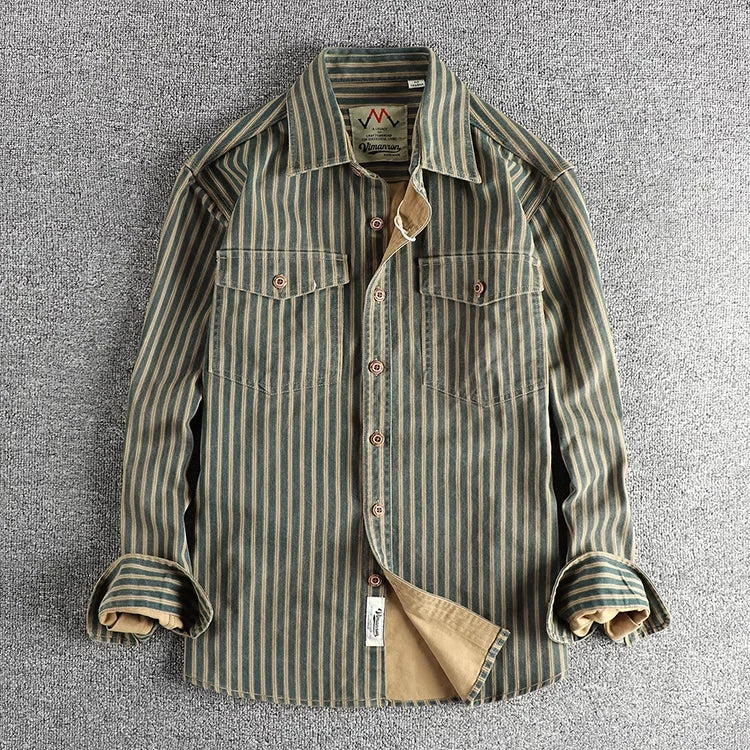 Men's Retro Stripe Long Sleeve Shirt With Multi Pocket Washed Casual Fashion For Men
