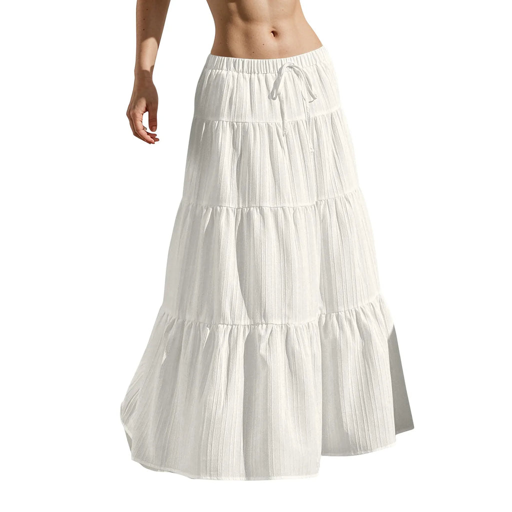 Women's Flared Ruffle Hem Maxi Skirt Fashion Women Solid Long Skirts Elastic Waist Elegant Long Skirt Spring Summer Cake Dress