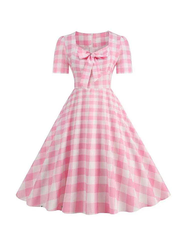 Pink Plaid Swing Party Dresses Women Elegant Vintage Square Collar Short Sleeve Casual Summer Dress