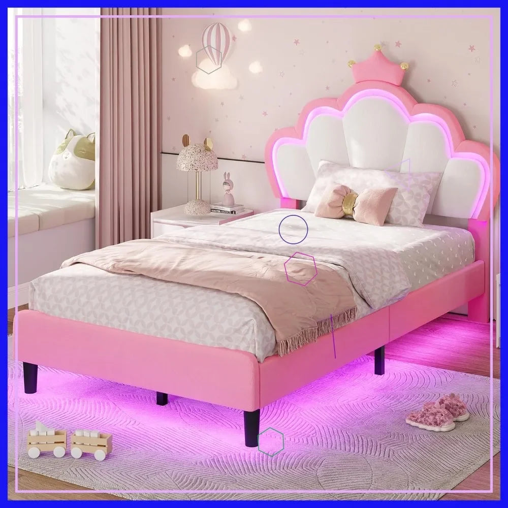 Princess Twin Bed Frame with LED Lights, Adjustable Velvet Headboard, Pink Girls Platform Bed, Solid Wood Support