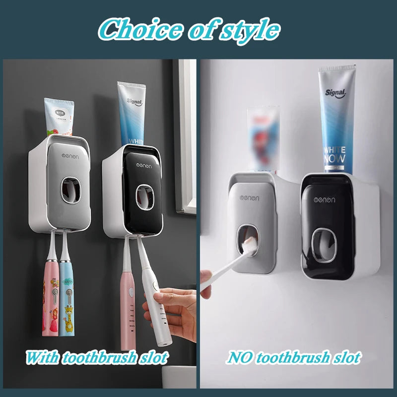 MENGNI Dispensador de pasta dental montado en la pared, exprimidor de pasta dental para baño sin perforaciones, soporte para cepillos de dientes, funcionamiento manual