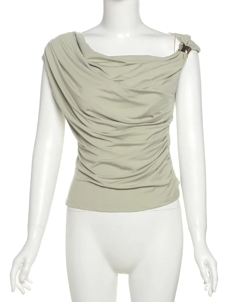Irregular Metal Knots Tops Women Sexy Pleated Skinny High Stretch Solid Daily Casual Simple Streetwear Basic Tees