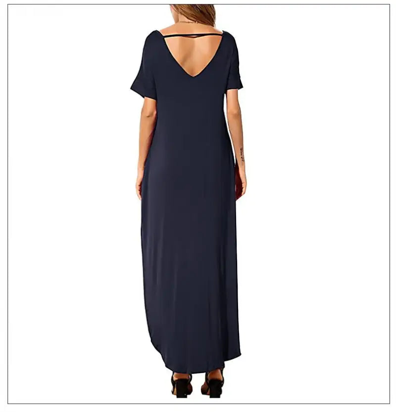 Women's Casual Maxi Dress V Neck Short Sleeve Dresses Loose Fit Long Dress with Pockets Side Slit Outfit Home Casual Daily Wear