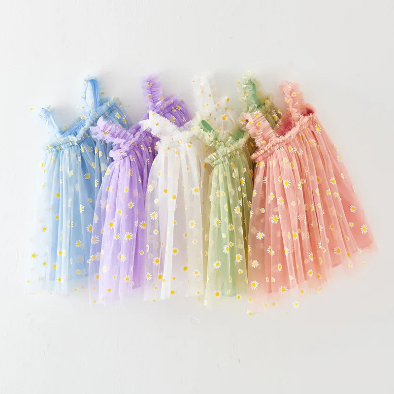Toddler Girls Summer Sling Dress Sleeveless Daisy Print A-Line Tulle Princess Dress Kids Birthday Party Skirt Cute Baby Clothes