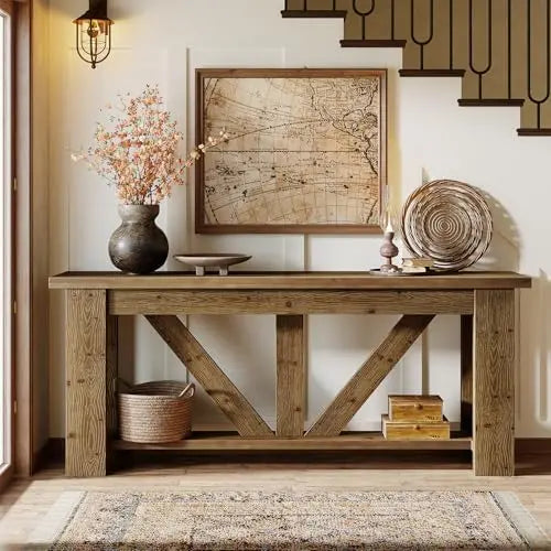 Solid Wood Sofa Table, 70.9 Inches Extra Long Console Table with 2 Tiers Storage Shelves, Rustic Entryway Table Behind