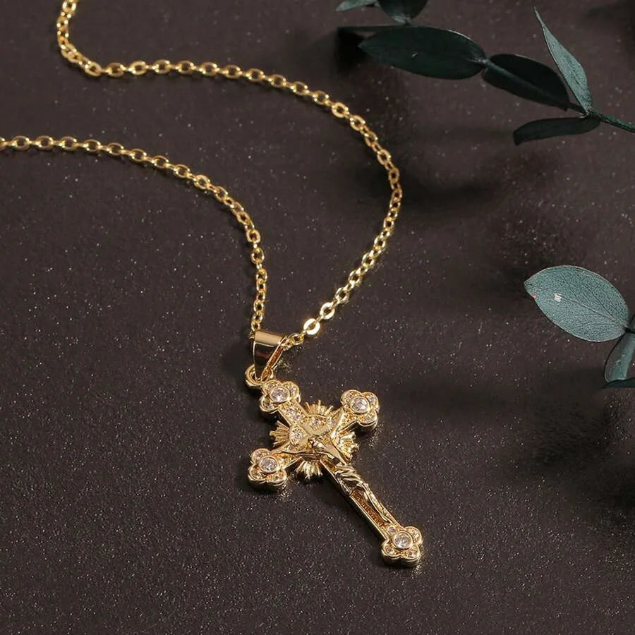 Religion Jesus Cross Pendant Necklace For Women'S Men Shiny Rhinestone Gold Color Chain Design Hip Hop Jewelry