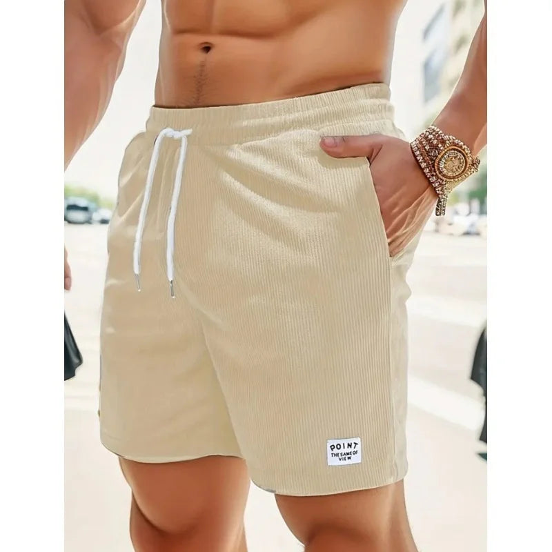 Summer Men's Solid Corduroy Shorts with Drawstring Casual Elastic Waist Fit for Outdoor Daily Activities Streetwear