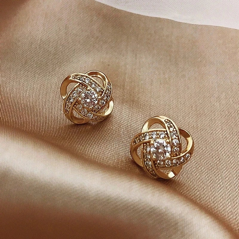 Upscale 14K Gold Jewelry Real Gold Earrings Zircon Pearl Twist Luxury Stud Earrings For Women'S Brincos Pendientes Bijoux