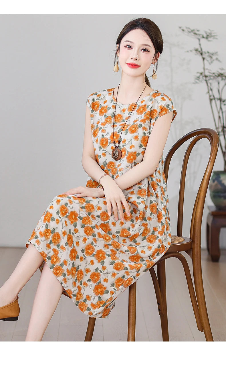 New Fashion Vintage Floral Print  Sleeveless Casual Party Femme Summer Dresses For Women 2025 O-neck Straight Women Clothing