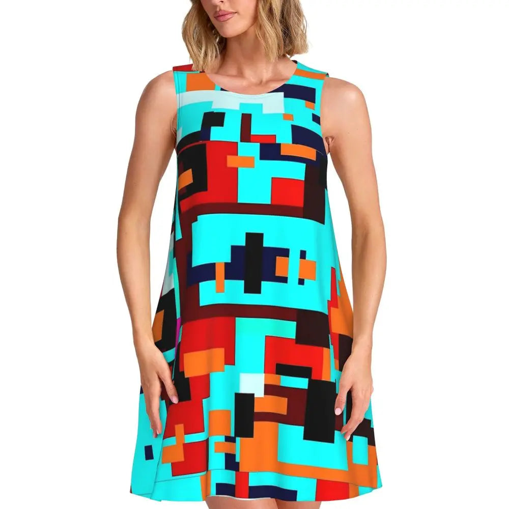 80s Color Block Print Dress Modern Dresses Female Sleeveless Street Fashion Tank Dress Day Print Oversized Vestidos