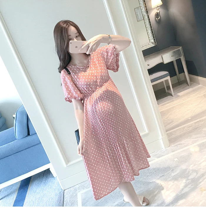 Summer Maternity Dress for Pregnant Women Petal Collar Bubble Sleeve High Waist Peter Pan Casual Temperament Gown