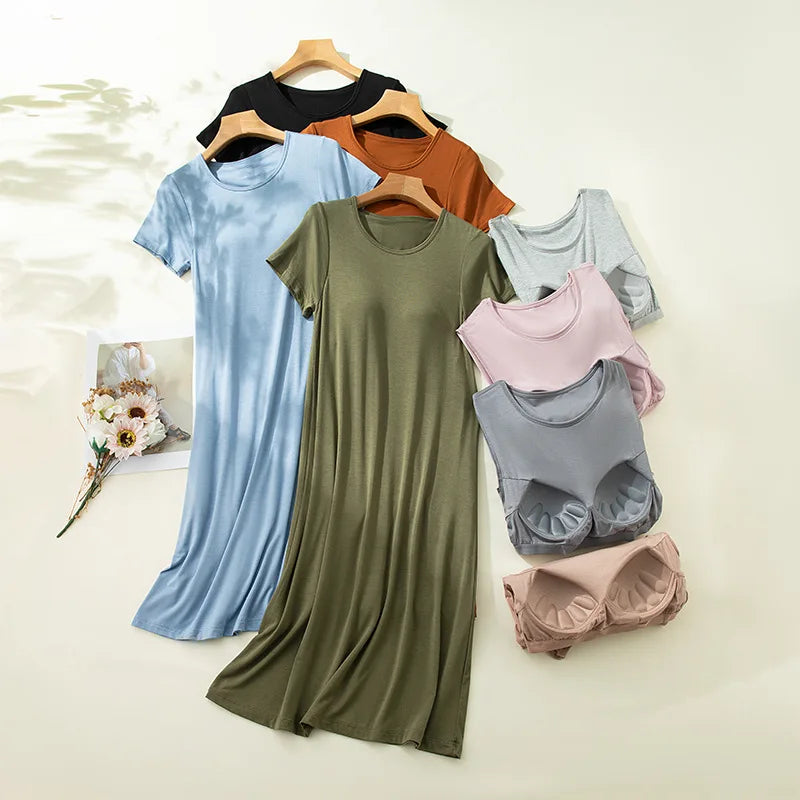 Summer Night Dress Modal Chest Pad Loose Casual Medium and Long Short Sleeved Home Nightgowns Women Sleepwear Night Gown M-3XL