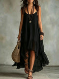 Womens Boho Solid Maxi Dress Sleeveless Spaghetti Strap High Low Ruffle Hem Flowy Dress Casual Beach Backless Asymmetrical Dress