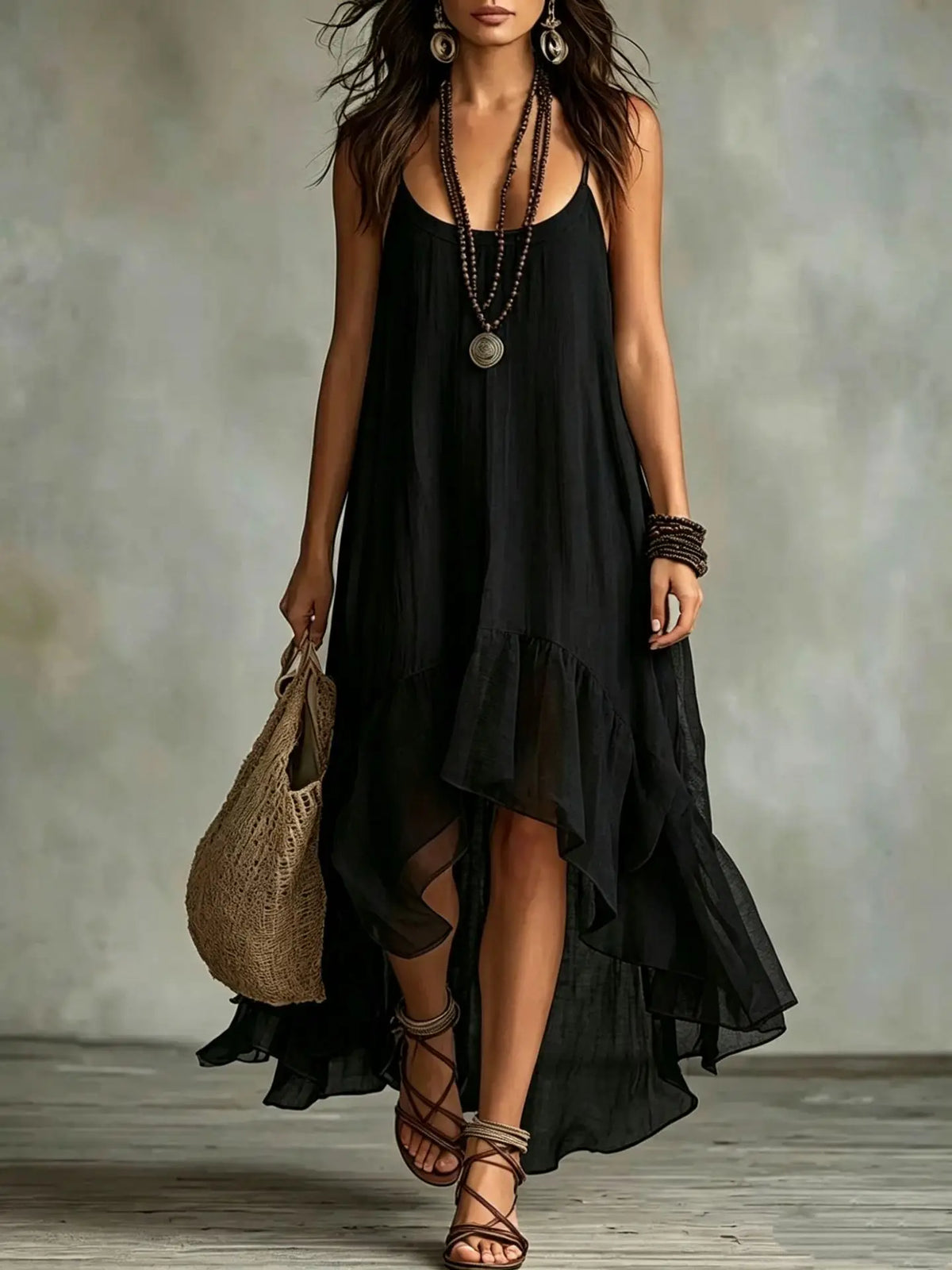 Womens Boho Solid Maxi Dress Sleeveless Spaghetti Strap High Low Ruffle Hem Flowy Dress Casual Beach Backless Asymmetrical Dress