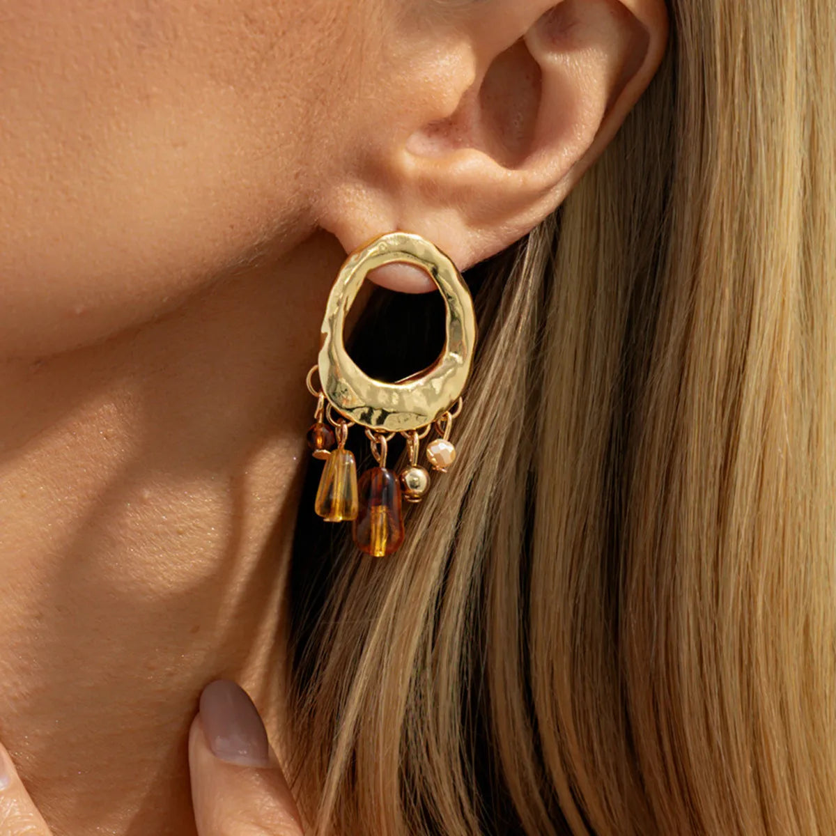Shixin Vintage Acrylic Beads Tassel Stud Earrings For Women'S Creative Gold Color Hollow Geometry Earrings Fashion Jewelry