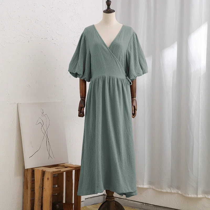 Vintage 100% Cotton Women's Dress Retro Crepe Gauze V-Neck Puff Sleeve Bandage Lace Up Elegant Dresses For Women Long Maxi Robe