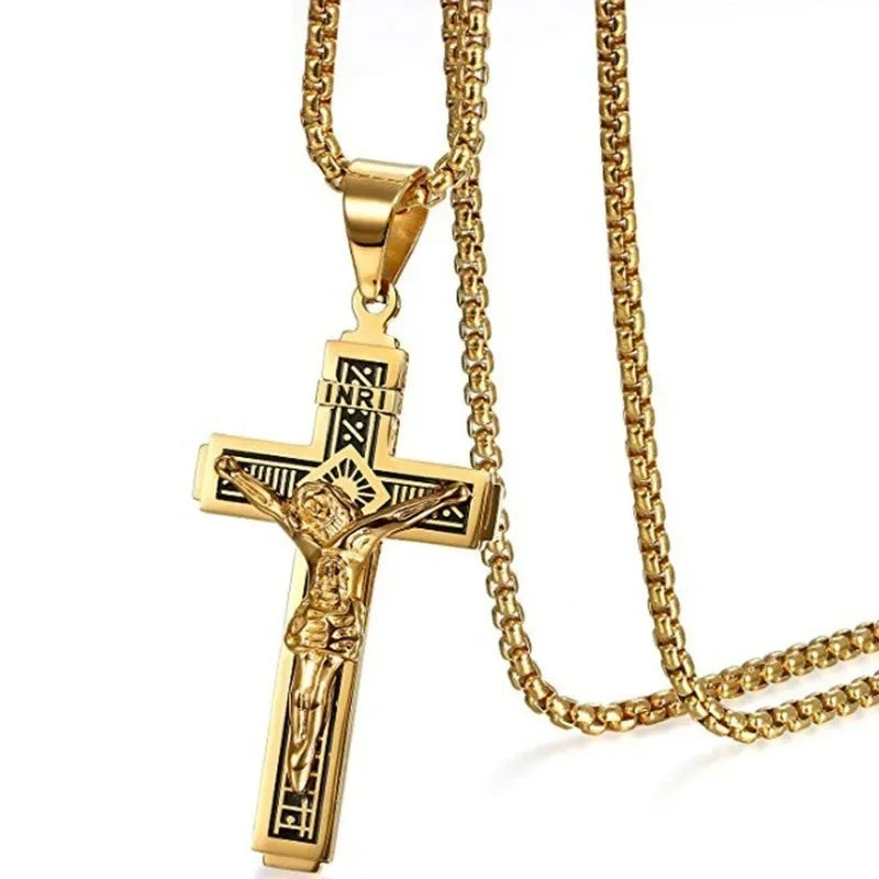 Jesus Christ Cross Mens Necklace Gold Color Cross Religious Pendant Necklace Accessory Chain Accessories