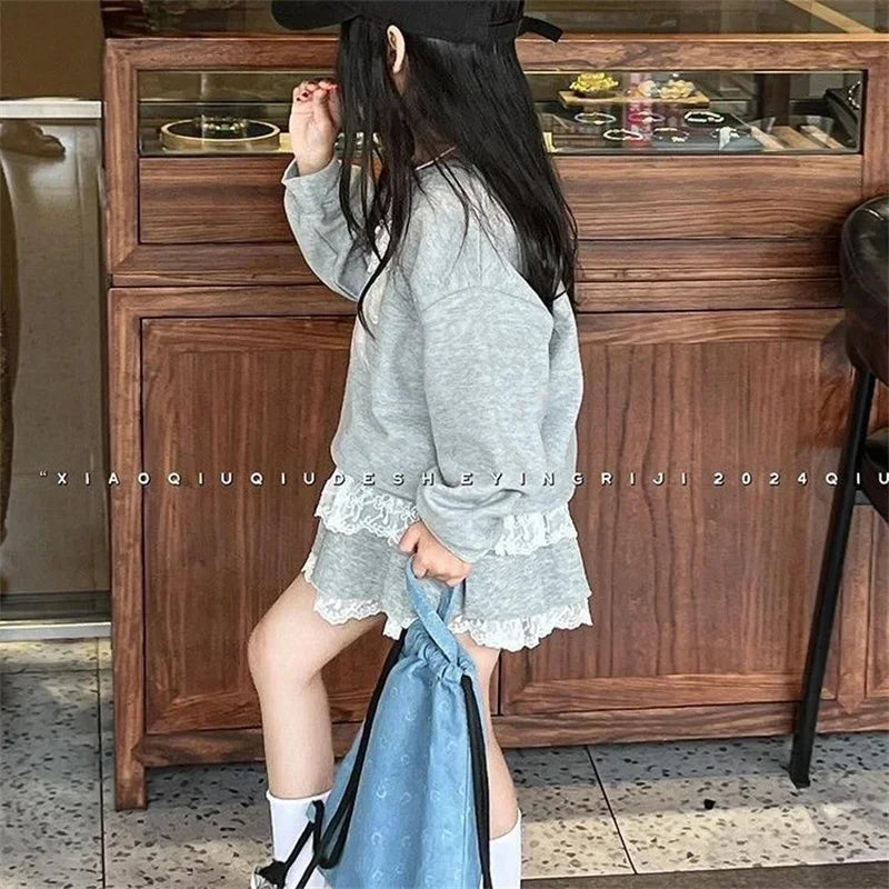Girls Sets Children Sweatshirt Suits Kids Long Sleeve Top+Skirs 2Pcs Fashion Lace Drawstring Outfits Children Clothing Spring