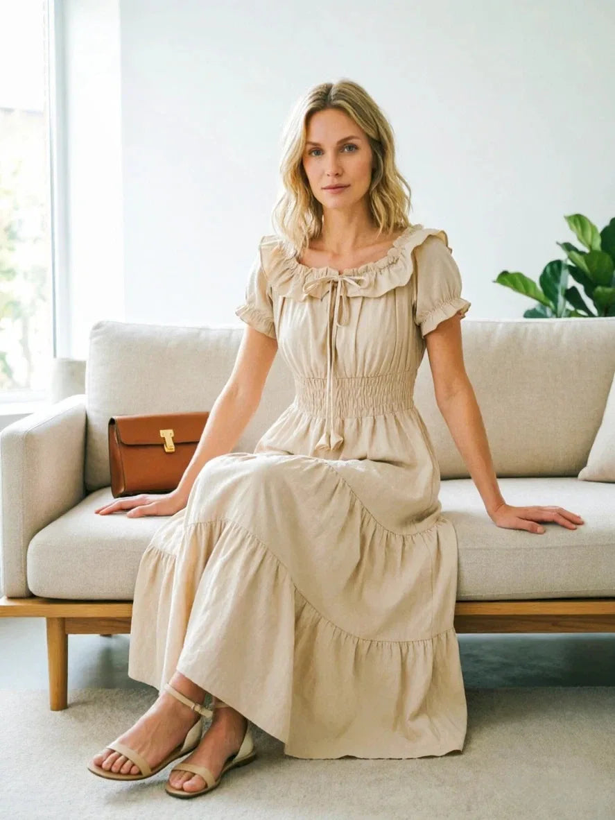 2026 Elegant Women's Off Shoulder Ruffle Sleeve Dress Fashion Solid Color Elastic Waist Tiered Maxi Dresses