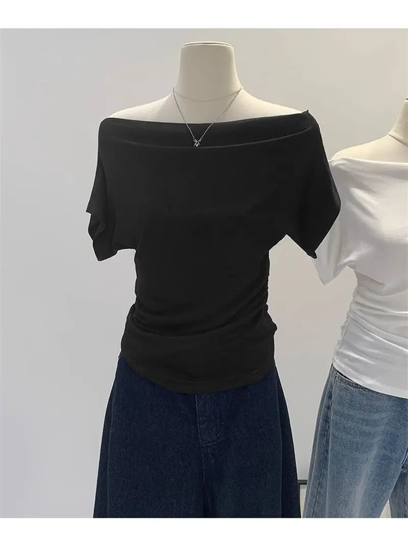 Summer One Shoulder Black Women's T-shirt Short Sleeve Korean Style Slimming Top Exposed Shoulder Fashionable