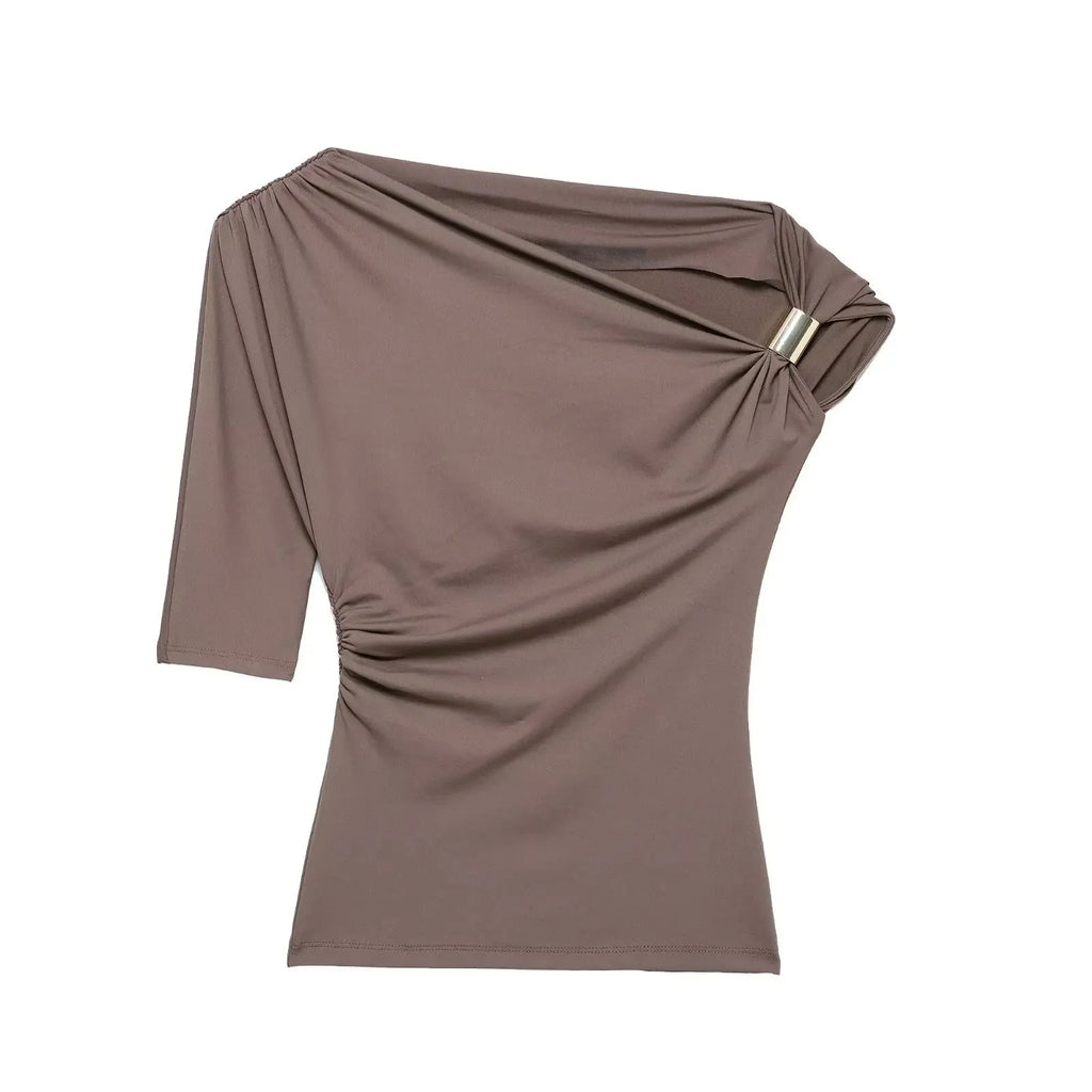 HH Women Pleated Short Sleeve Solid Slim Tops Summer Sexy Chic Asymmetrical Off Shoulder Vintage T-Shirts High Street Outfits