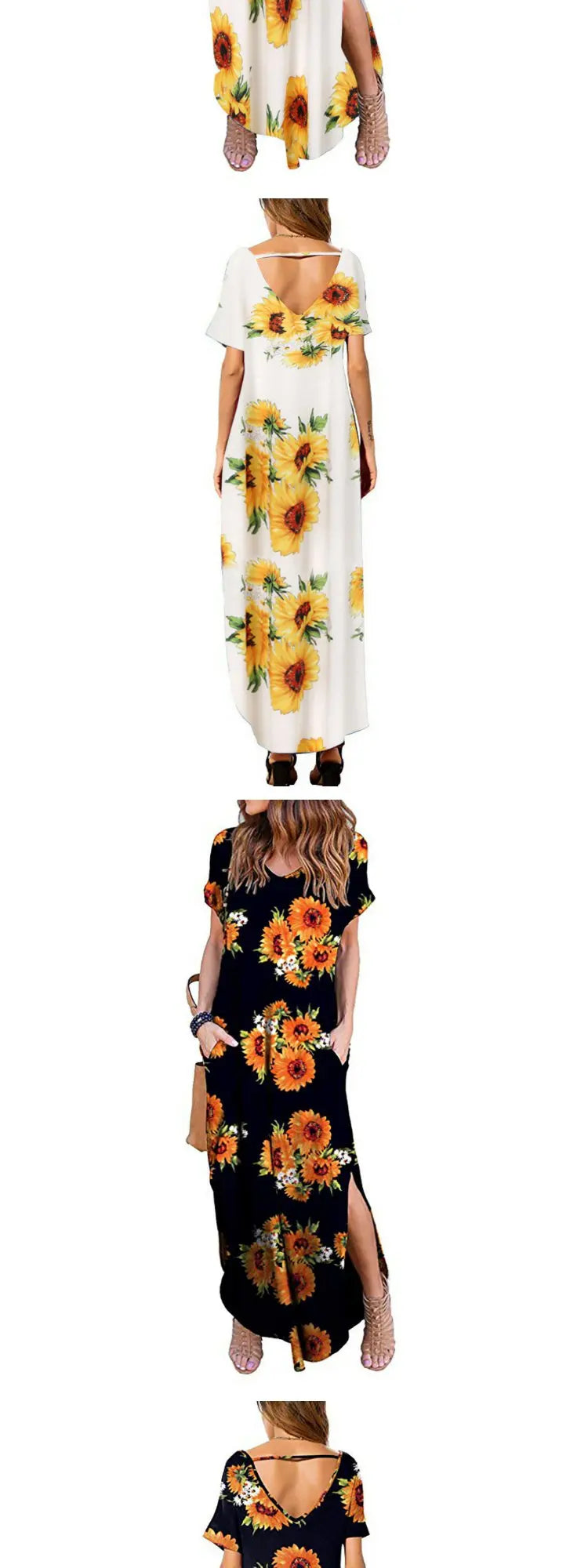 Pure Color Splice Short Sleeve V-Neck Slit Long Dress Loose Fit Women's Summer Cotton Polyester Maxi Dress Citywalk