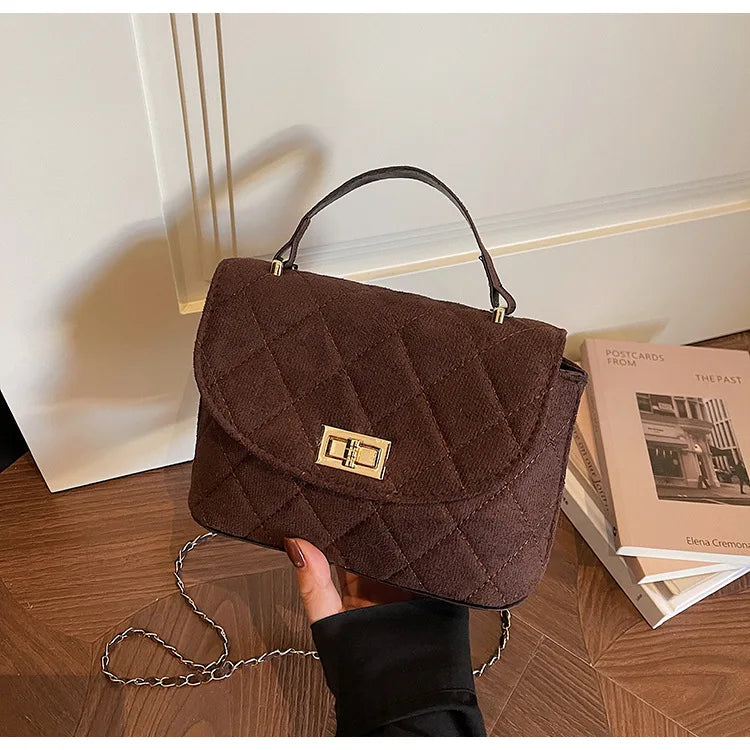 Diamond Grid Chain Crossbody Bag One Shoulder Purse Trendy Flip Top Clutch Women's Fashion Suede Leather Casual Shoulder Bag