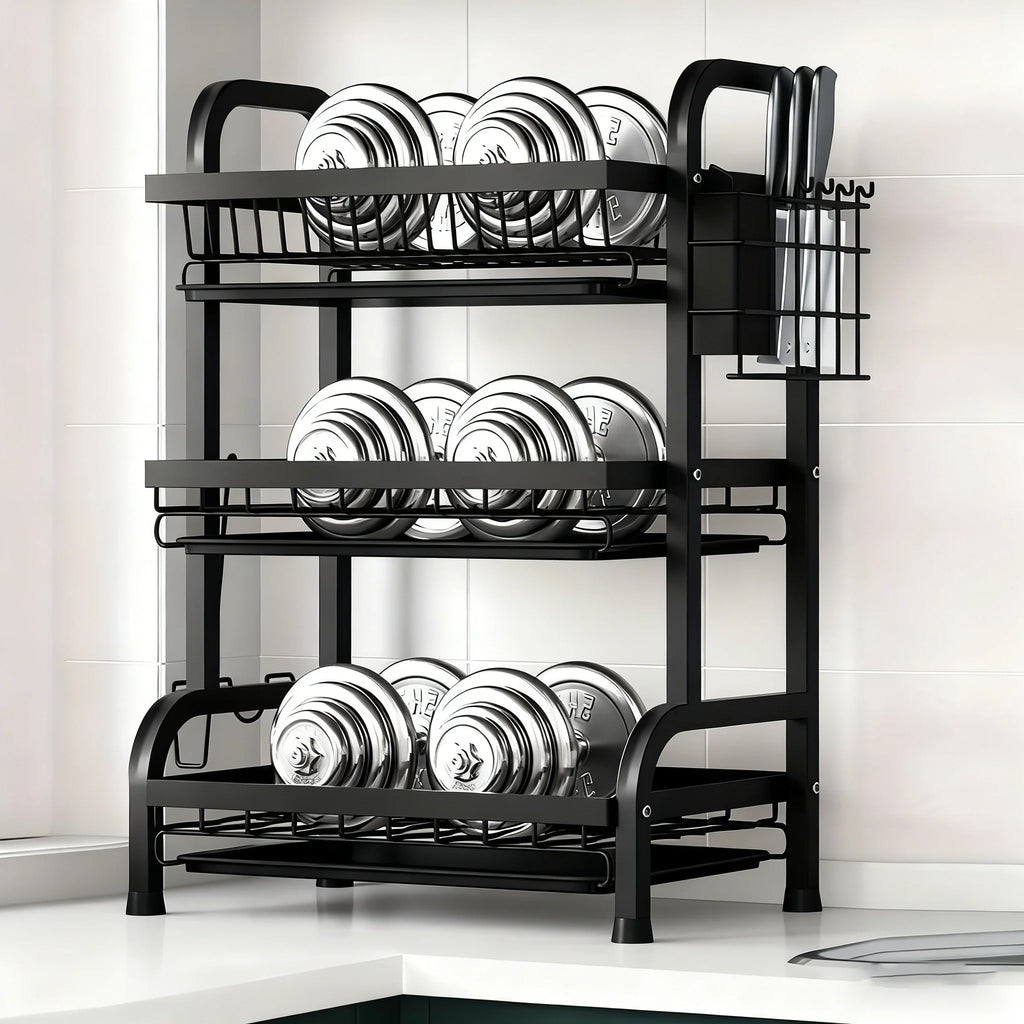 Large 2-3 Tier Vertical Dish Rack/Utensil Holder, Kitchen Storage Rack with Quick Drainage System, Knife and Fork Holder, Cutting Board Storage, Drying Rack - Heavy-Duty Carbon Steel Multifunctional Utensil Organizer, Suitabl