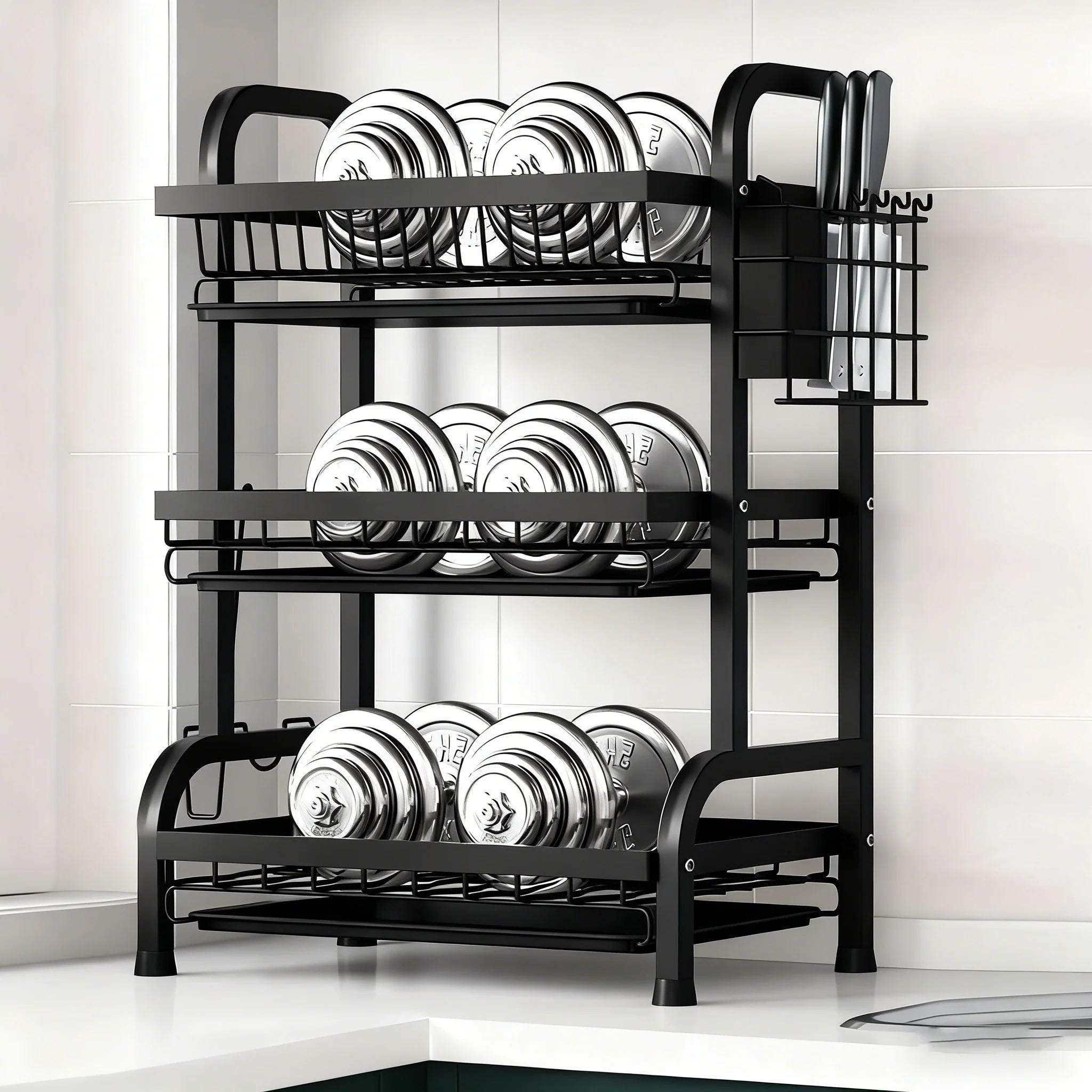 Large 2-3 Tier Vertical Dish Rack/Utensil Holder, Kitchen Storage Rack with Quick Drainage System, Knife and Fork Holder, Cutting Board Storage, Drying Rack - Heavy-Duty Carbon Steel Multifunctional Utensil Organizer, Suitabl