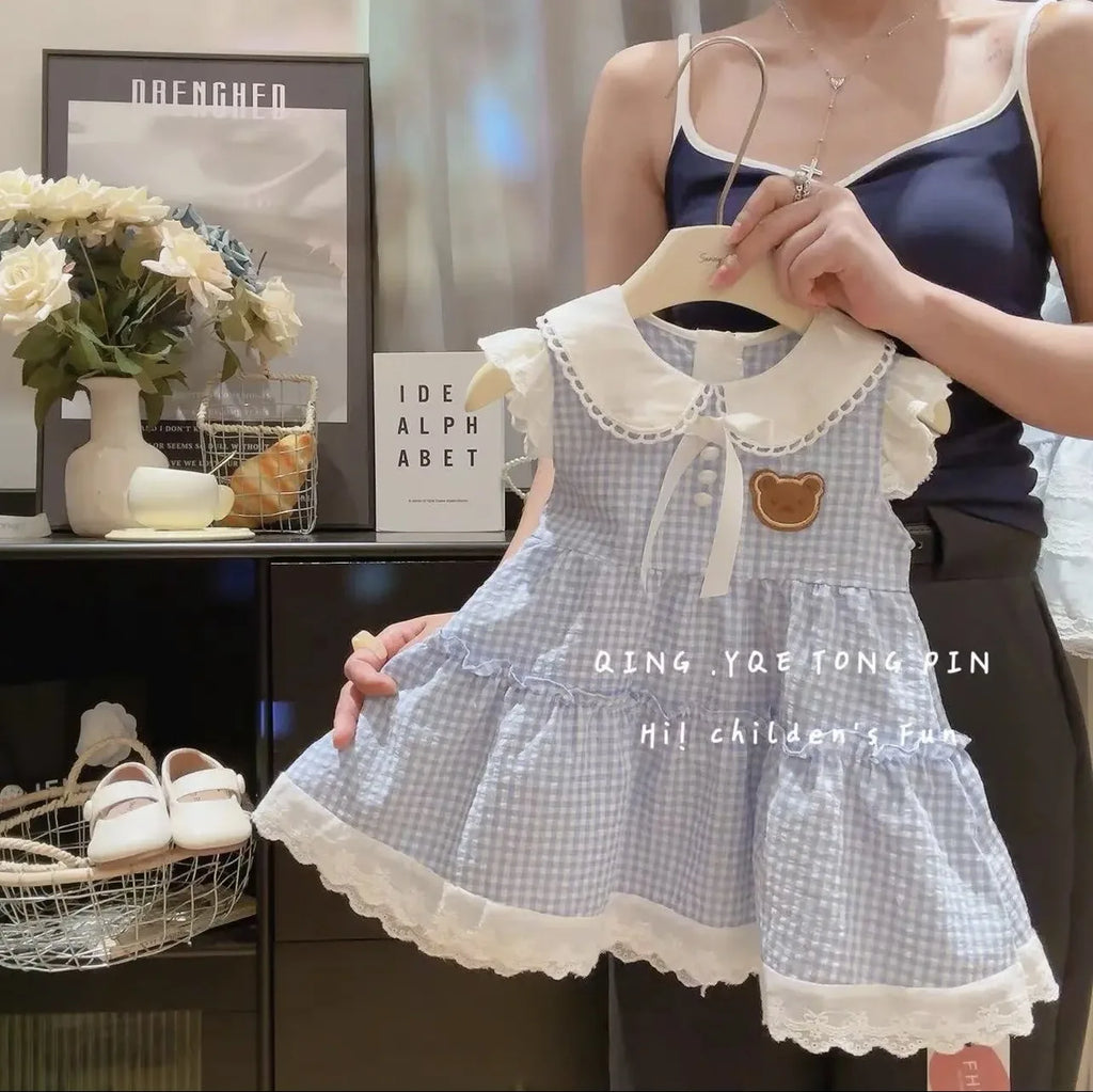 Somenie Girls Summer Home Dresses Kids Fashion Plaid Daily Casual Dress Cute Embroidery Bear Label Baby Outing Clothes