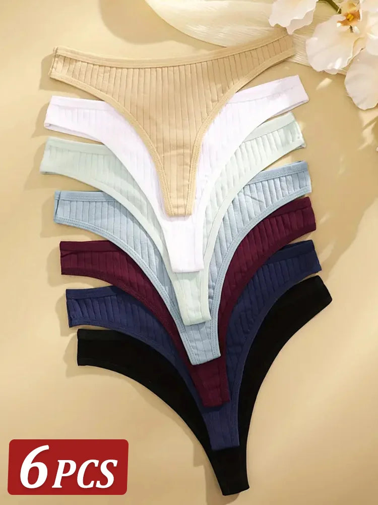 6Pcs/Set Women'S Cotton Thongs Panties Female Ribbed Low Rise G-String Ladies Sexy Bikini 7 Solid Color Girl Soft S-Xl Intimates