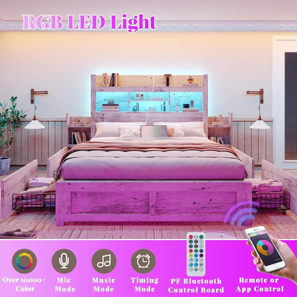 White Queen Storage Bed Bookcase Headboard Charging Station 4 Drawers Wood Platform No Box Spring, Customized