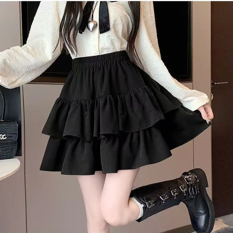 Japanese Y2k Cute Ruffled Plaid Skirt Subculture White Lace Cake Skirts Preppy Casual New Women Princess Puffy Skirts Mini Skirt