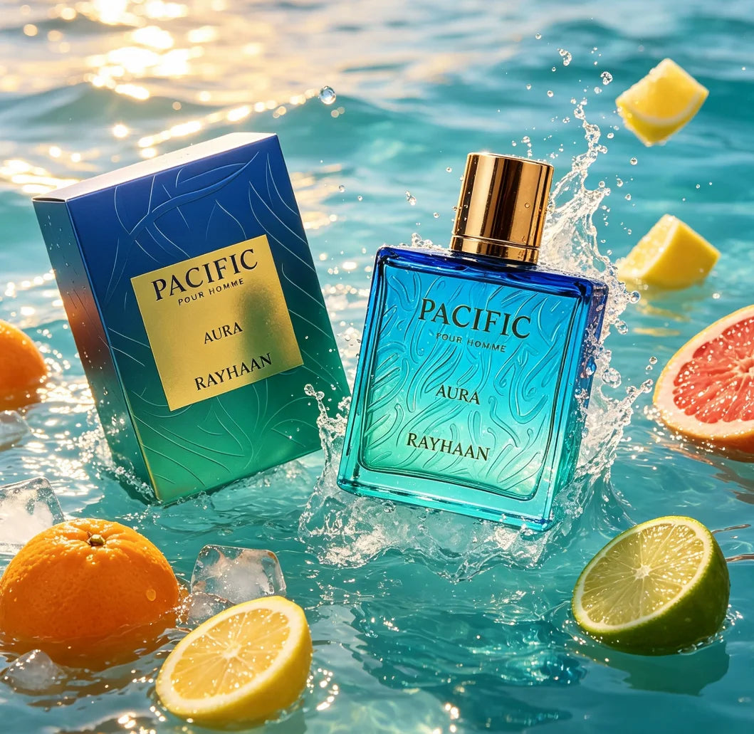 Rayhaan Pacific Aura For Him 100Ml Eau De Parfum, Fresh Aquatic Citrus Scent. Lemon And Grapefruit Spark Brightness. Light Transparent Ocean Aroma Fits Outdoor Sports And Vacation Trips, Keeping Fresh And Clean Longer.