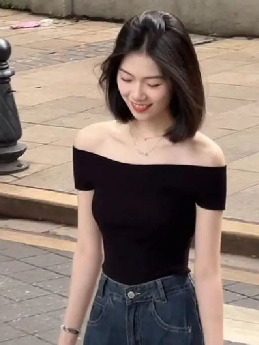 Shoulder Bared Knitted Short Sleeve T Shirt Women's Style Summer Edition Slim Fit Black Color Commute Fashion Creative Pattern