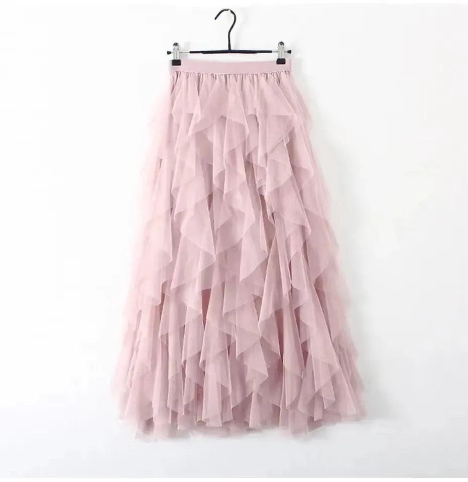 Womens Elastic High Waist Tulle Mesh Irregular Tutu Skirt Gauze Skirt Spring and Summer New Pleated A-Line Skirt in the Long Hi