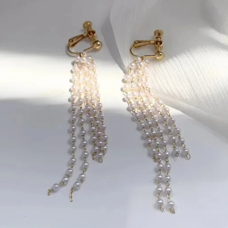 Korean Fashion Style Pearl Long Tassel Clip on Earrings for Women Simple Temperament Long Chain Non-piercing Ears Clip Earrings