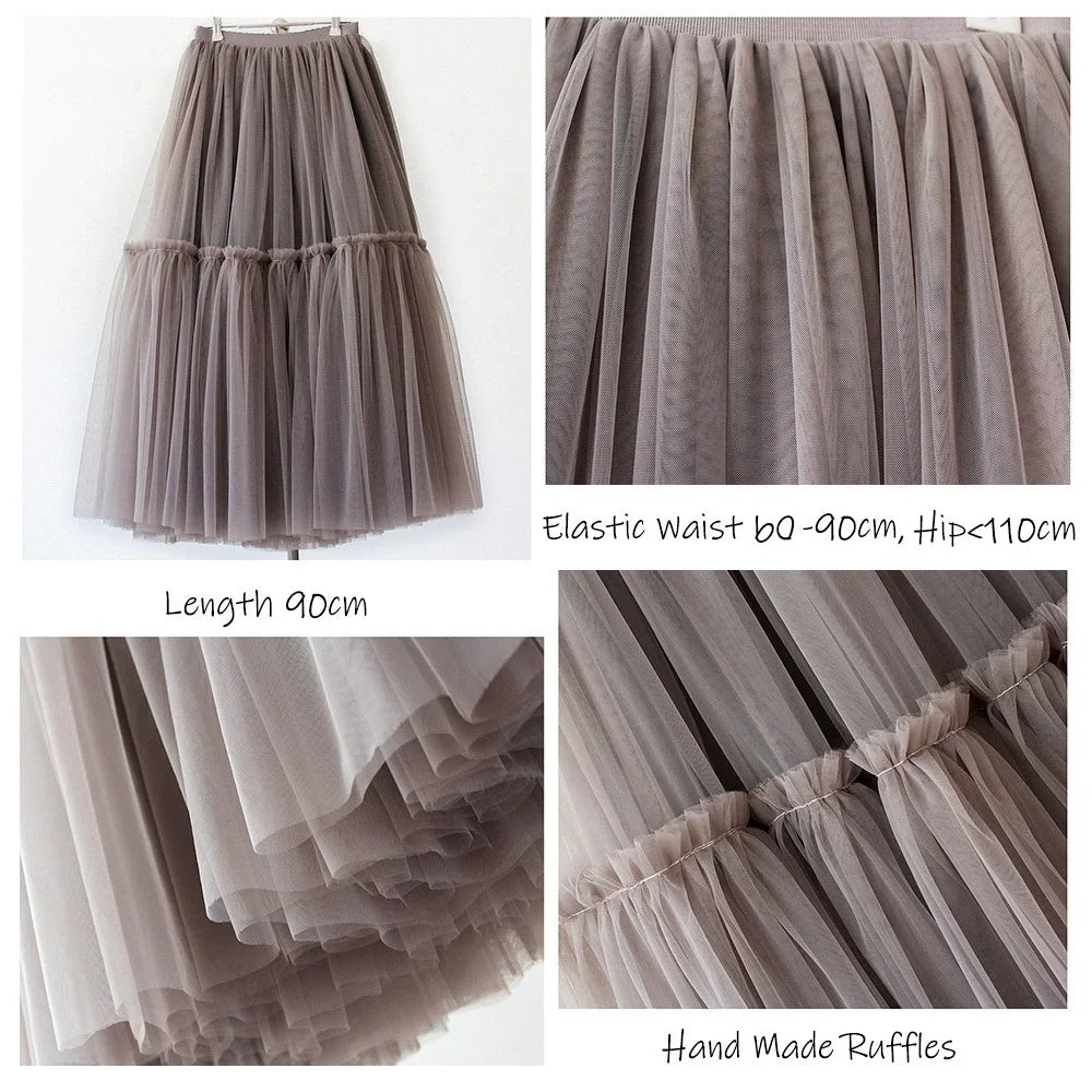 Qooth Women 90cm Party Tulle Ball Gown Mesh Skirt Banquet Wedding Faldas Mujer Elastic Waist Bow Tie Belt Tutu Skirt QT2181