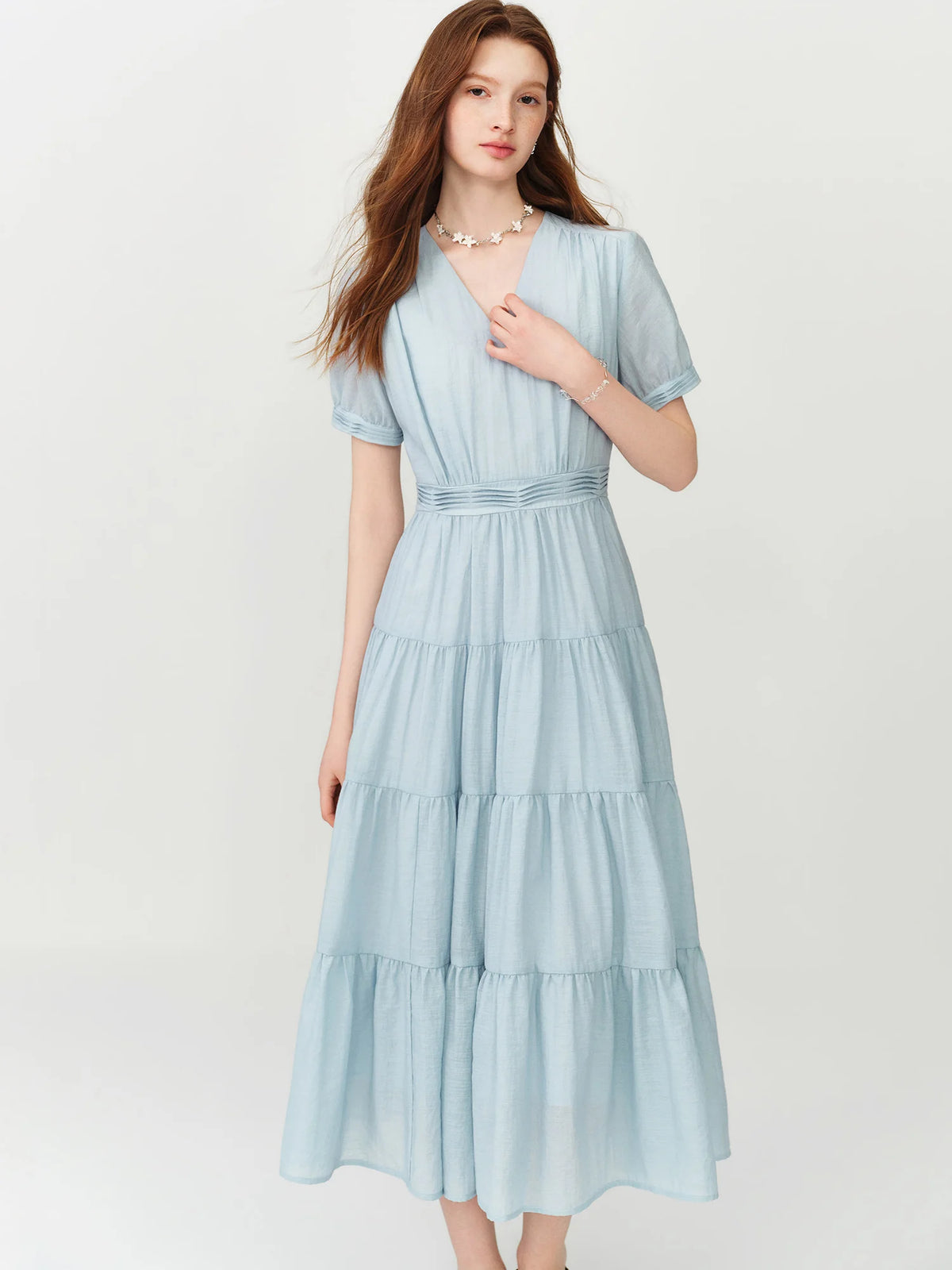 FSLE V-neck Puff Sleeve Pleated Waist Dresses Women New Summer 2026 High-waisted Cut Short Sleeve Mid-calf Length Fairy Dress