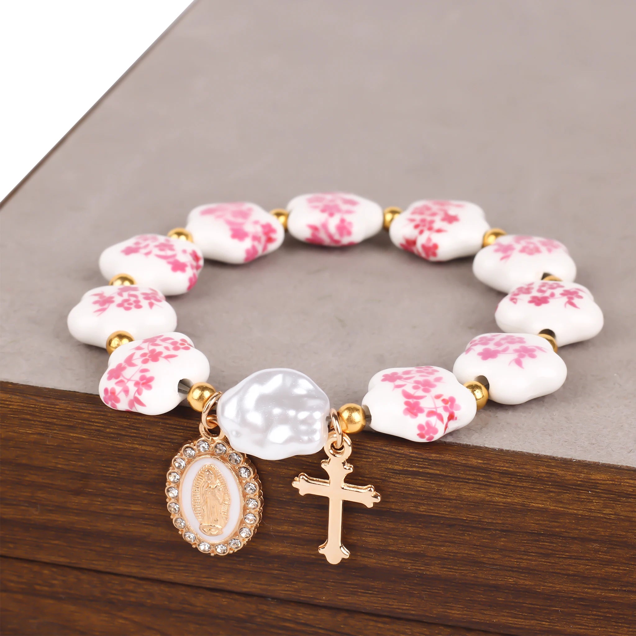 Jesus Cross Bracelet Women'S Men Blue White Porcelain Ceramics Beads Ascension Day Western Wear Pulseras Spring Summer Jewelry